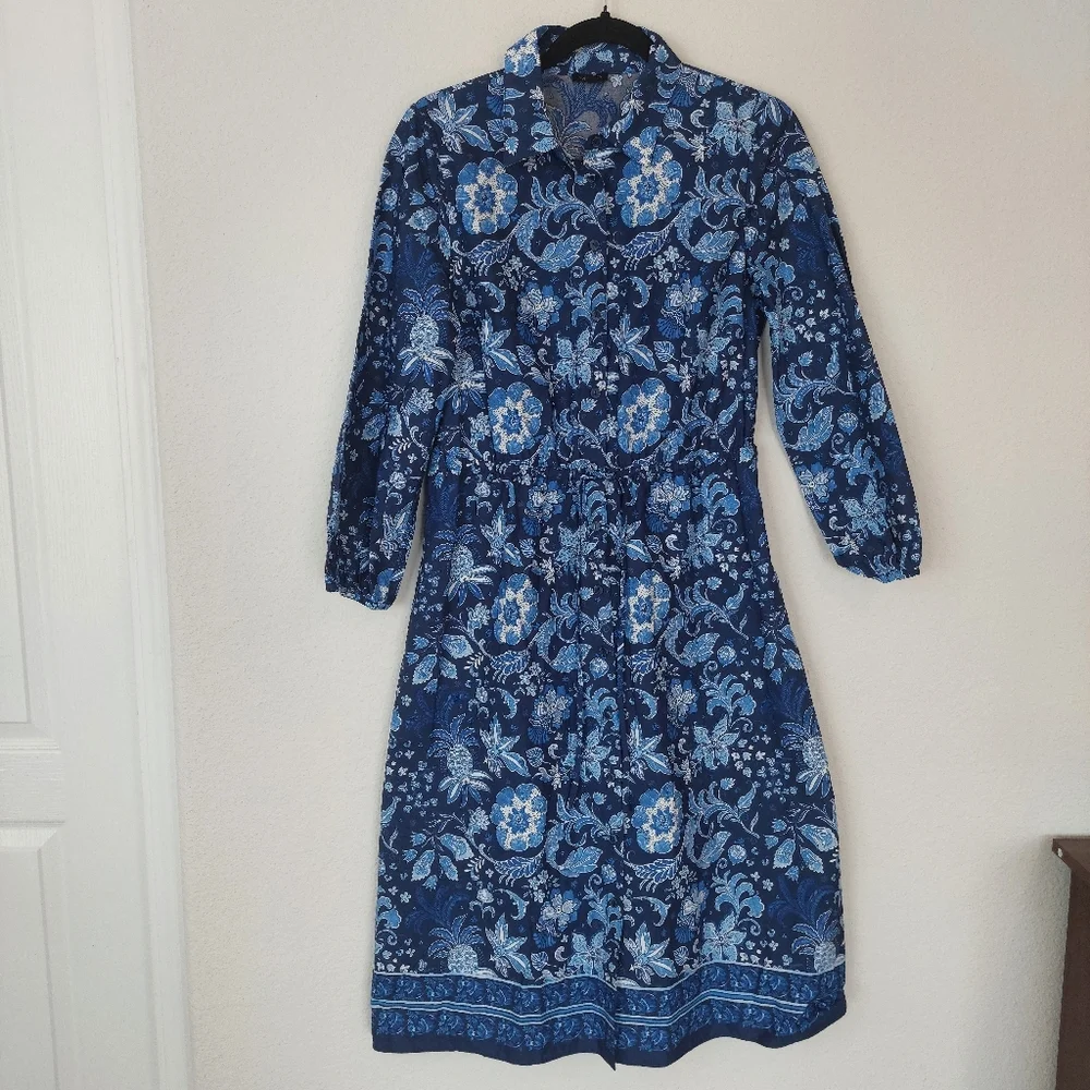 Talbots Blue Button Down Bishop‎ Sleeves Floral Midi Dress Size 4